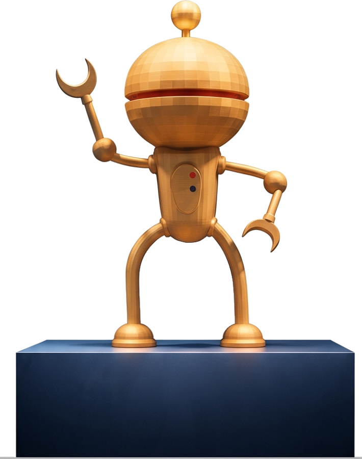 Die Trophäe: der Goldene Humphrey, ein goldener Roboter auf einem Podest